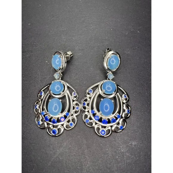 LAB CREATED BLUE SPINEL AND BLUE CHALCEDONY RHODIUM OVER SILVER EARRINGS - Picture 3 of 11